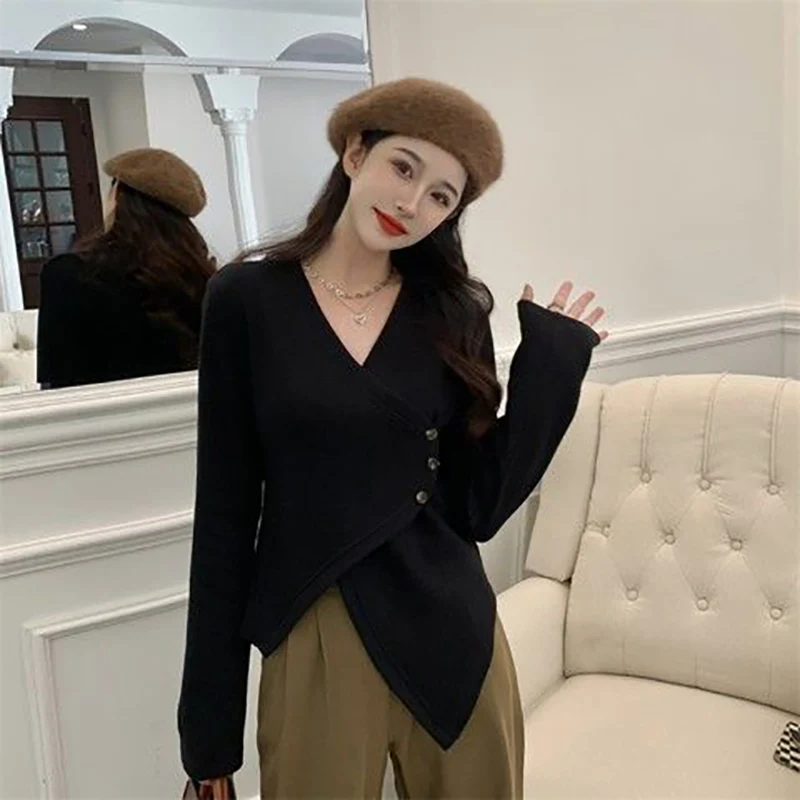 Fashion V-Neck Solid Color Button Asymmetrical Blouses Women's Clothing 2023 Autumn Winter Loose Casual Tops Irregular Shirts