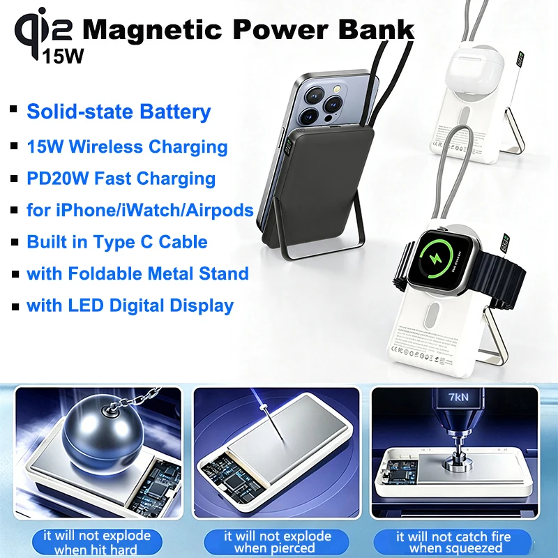 Solid-state Battery Qi2 15W Magnetic Wireless Power Bank with Stand PD 20W Fast Charger for iPhone 17 iWatch Airpods Powerbank