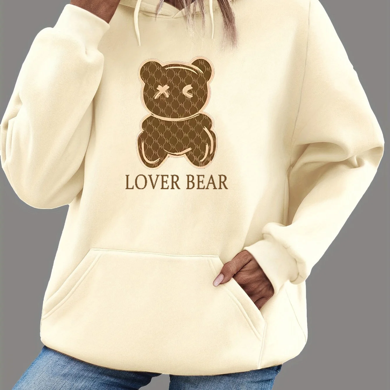 سترة نسائية للخريف والشتاء دافئة وفضفاضة كاجوال بنمط الدب الكرتوني مطبوعة مخملية بأكمام طويلة وغطاء للرأس