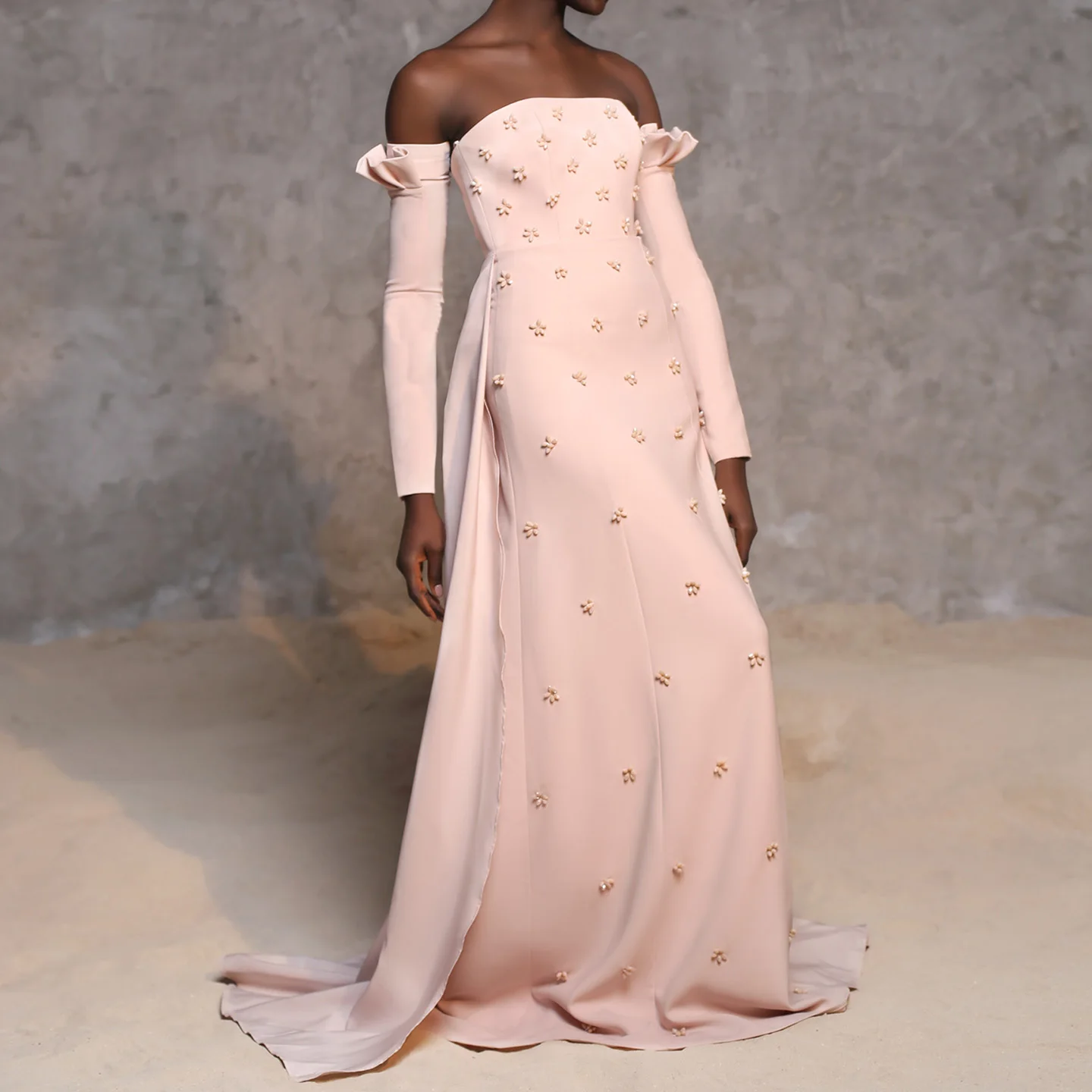 

Sharon Said Elegant Strapless 3D Floral Beaded Pink Evening Dress with Long Sleeves Overskirt for Women Wedding SS540 Customized