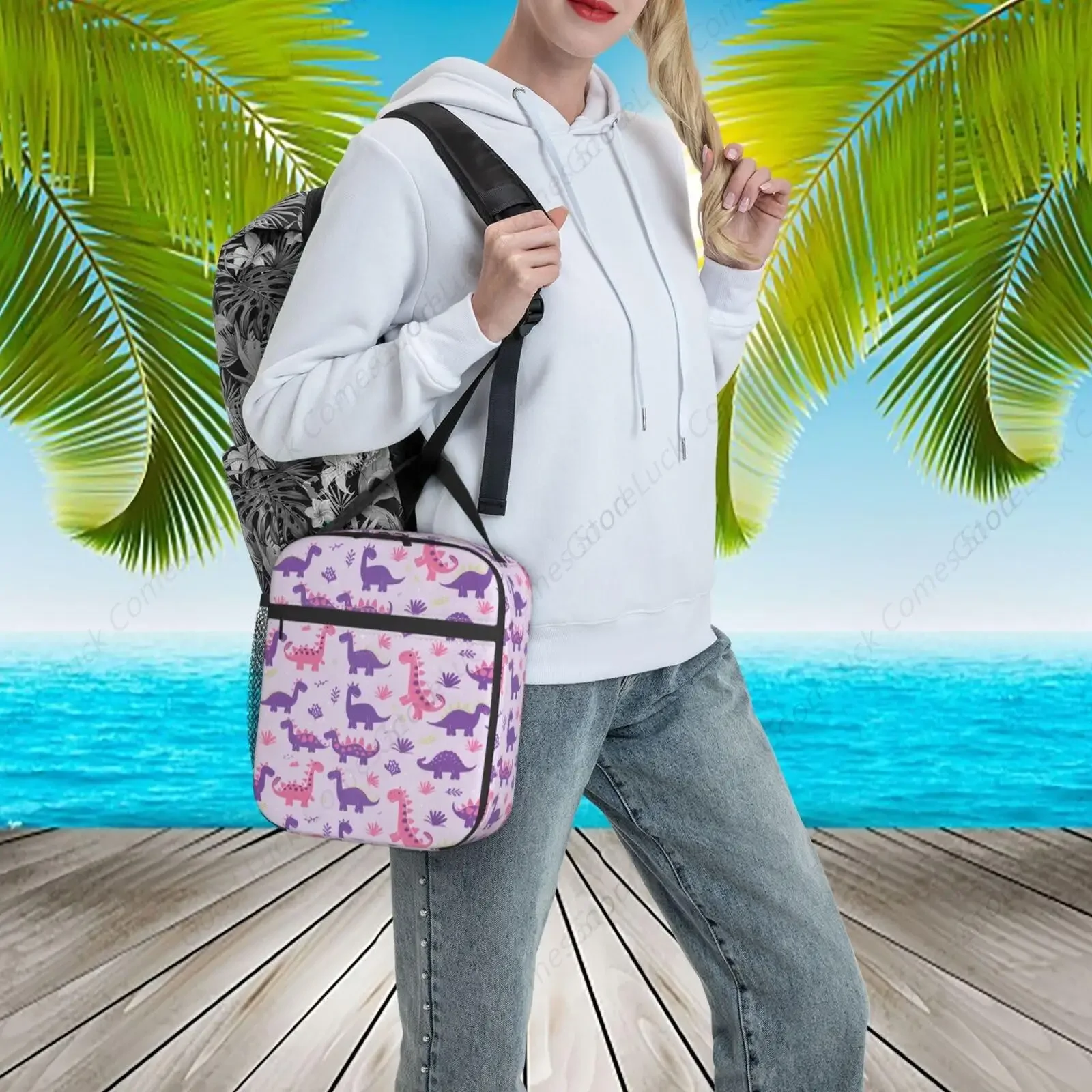 Lilac Dinosaur Lunch Box - Insulated Lunch Bags for Boys/Girls/Women/Men Detachable Handle Lunchbox Meal Tote Bag view 3