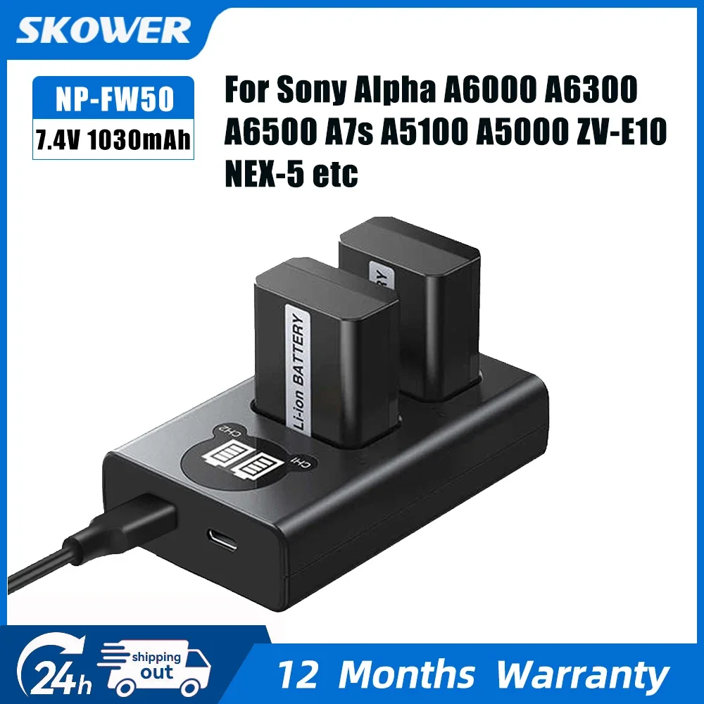 SKOWER NP-FW50 Battery for Sony Camera ZV-E10 7SM2 A7RII A7II A7SII A7S ILCE-5000 6300 6400 A6500 DSC-RX10 NEX-5T 7 Dual Charger