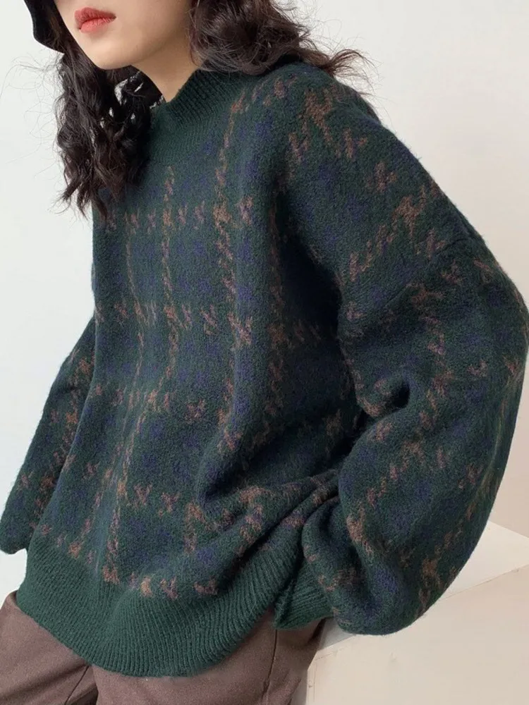 [EWQ] Weihnachten Stil Langarm Oansatz Gingham Gestrickte Pullover Mode Alle-spiel Frauen Jumper Winter 2024 herbst Neue 16O2361