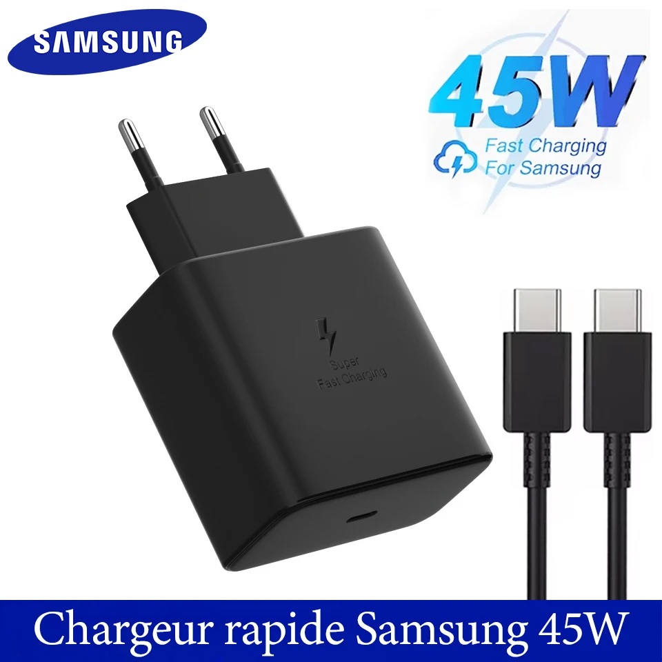 Chargeur Super Rapide Samsung 45W Adaptateur PD Type C UE US pour Galaxy S26 S25 FE S24 Ultra S23 Plus A55 A56 M55 Tab S11 S10