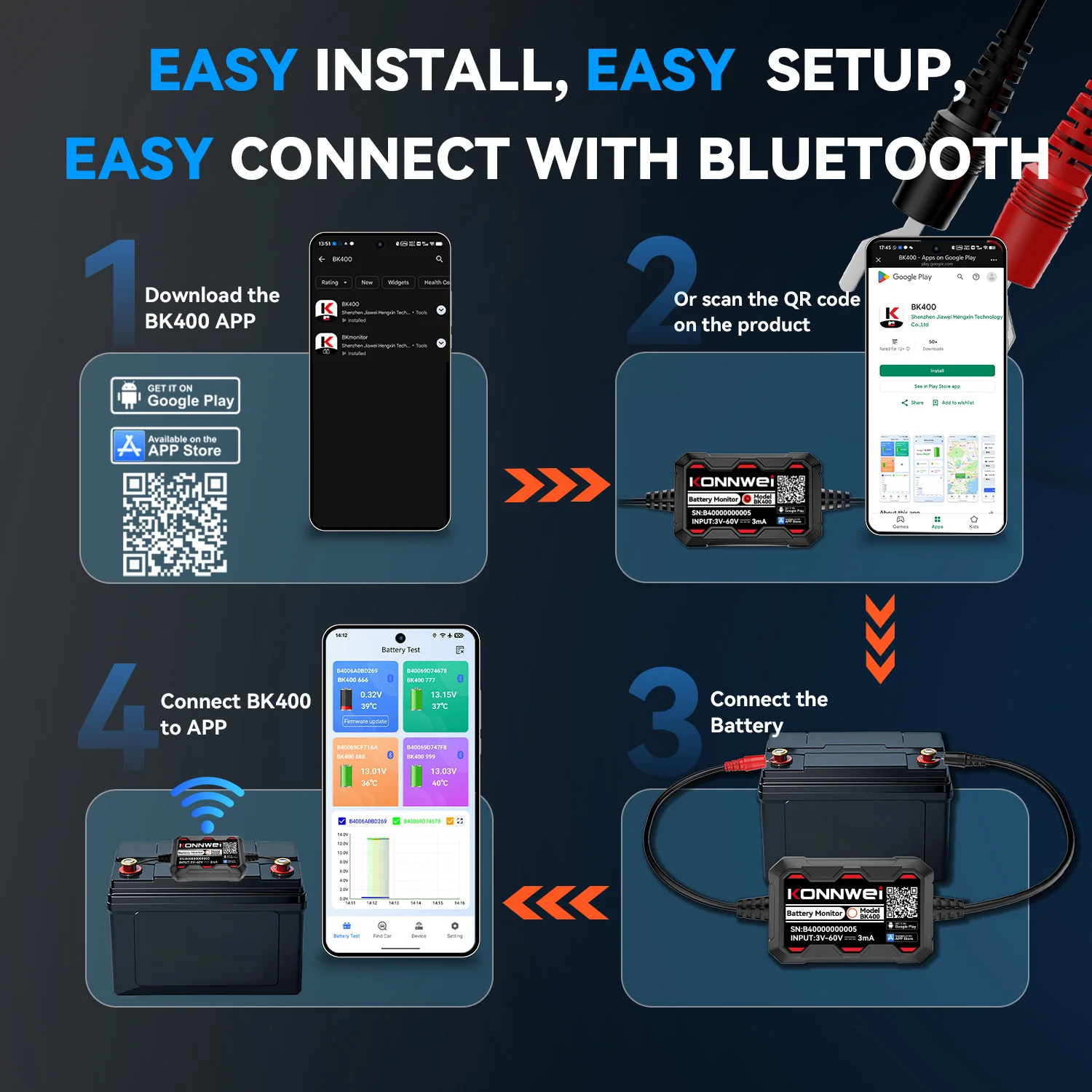 KONNWEI BK400 Bluetooth 5.2 Car Battery Monitor Wireless 12V 24V 48V Cranking Charging Car Battery Health Tester for Android IOS - view 5