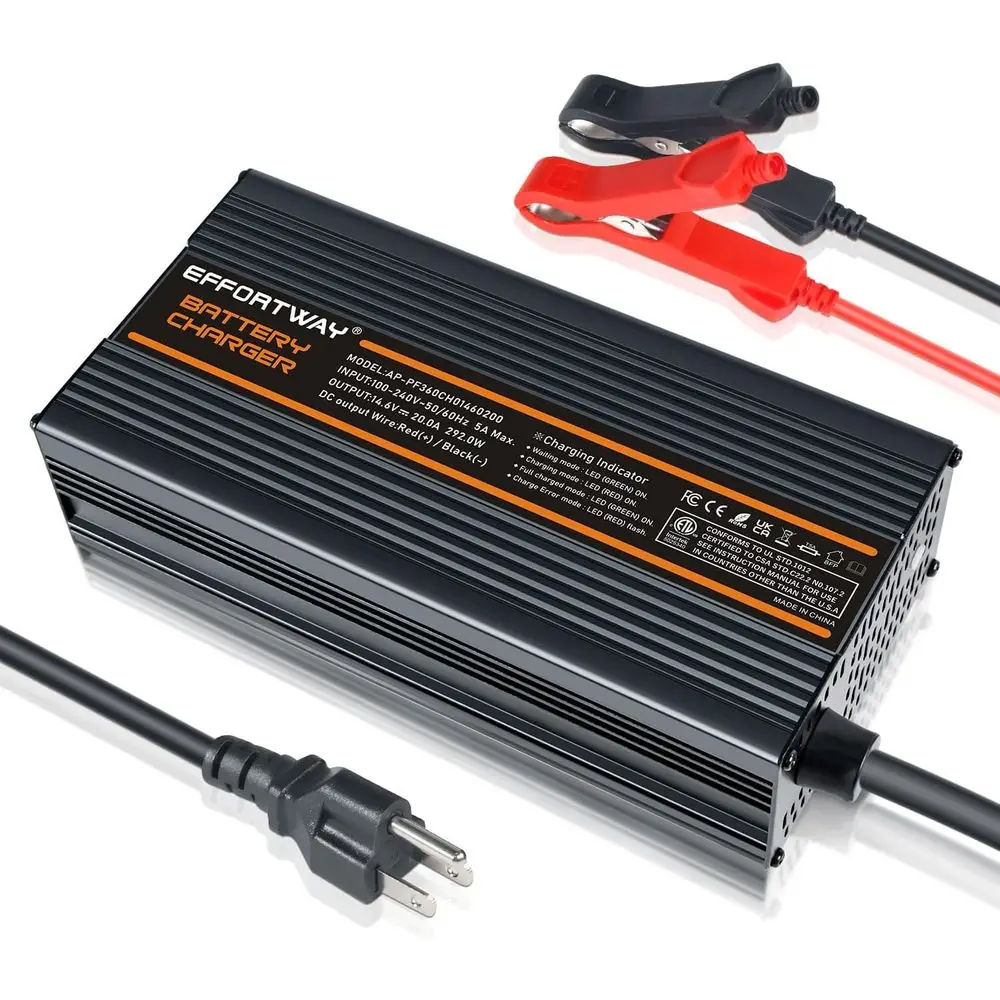 

12V 20A Lithium Battery Charger 14.6V LiFePO4 Smart Battery Charger AC to DC Smart Charger Maintainer for Cars Motocycles, Marin