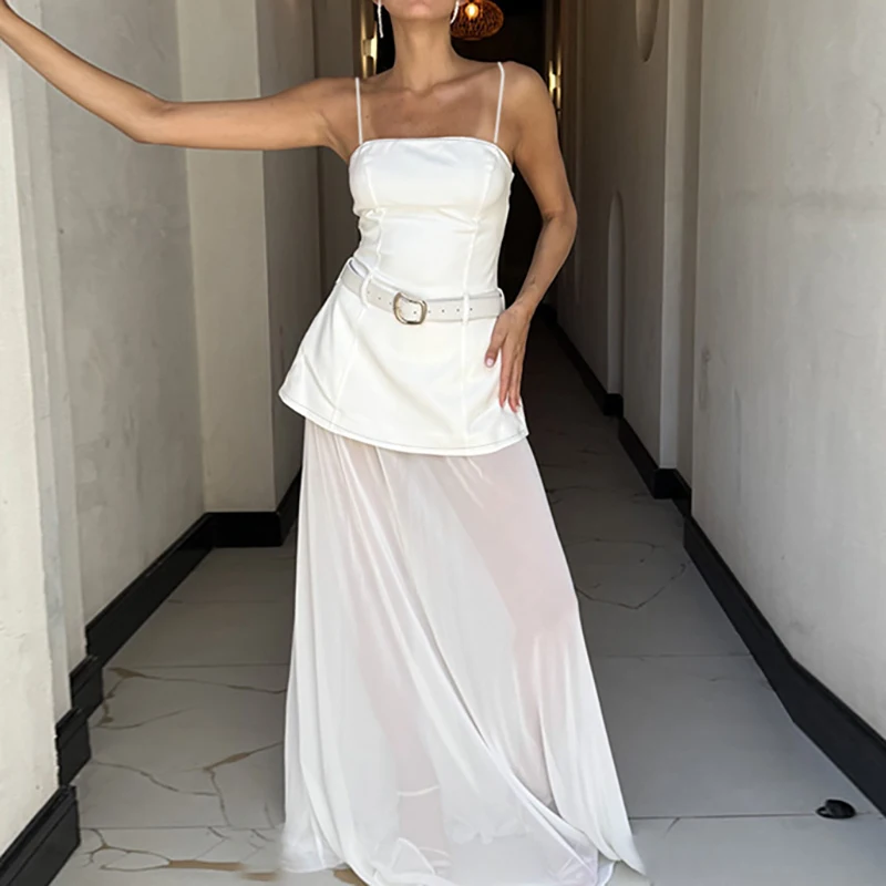 템퍼먼트 스플라이스 메쉬 롱 드레스 여성 섹시 슬래시 넥 홀로우 A라인 파티 드레스 여름 백리스 스파게티 스트랩 보헤미안 드레스