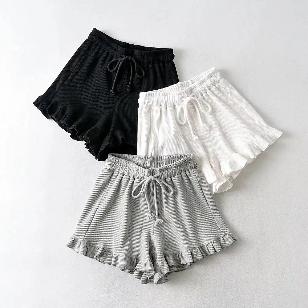 Shorts Femininos Casuais de Cintura Elástica Estilo Y2K Moda Verão 2026 com Cordão e Babado na Cintura Alta - Hot Pants para Uso Doméstico
