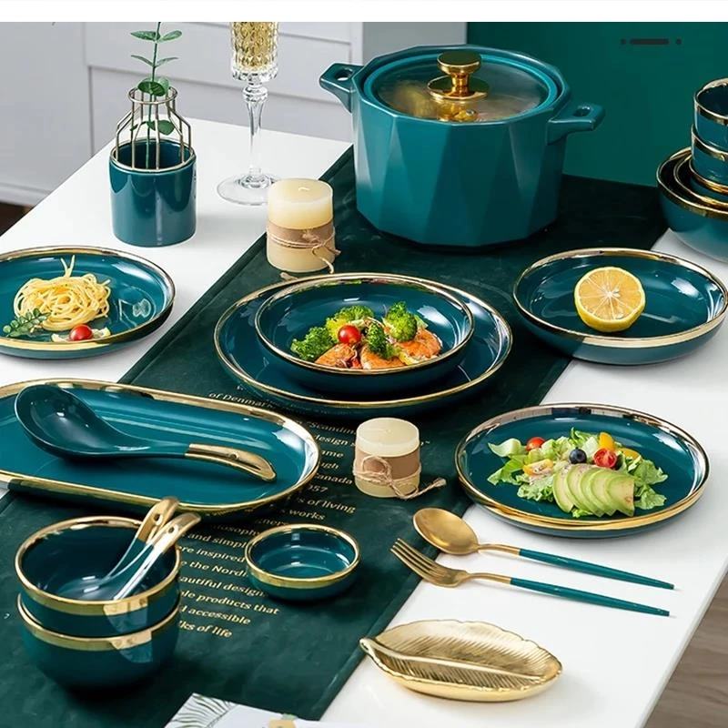 Nordic Ceramic Green Bowls and Plates Set Household Bowsl Dishes Light Luxury Combination with Golden Dinner