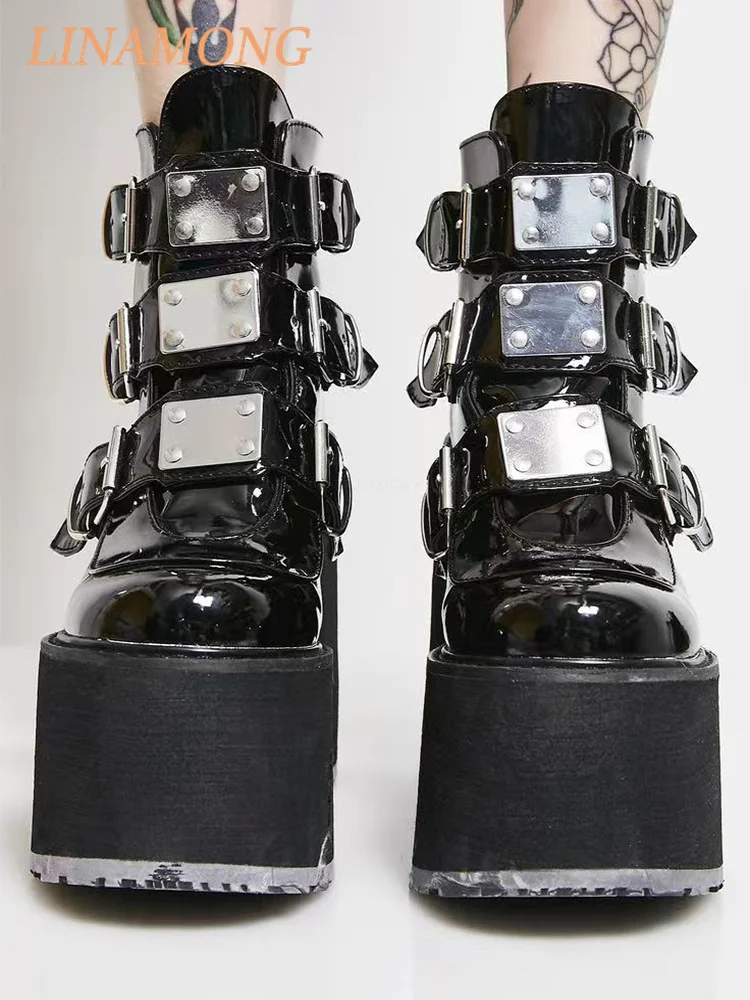 

Thick Soled Belt Buckle Short Boots Black Punk Style Multiple Belt Buckles Rivets Thick Soled Platform Boots