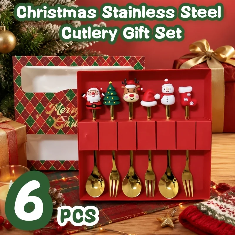 6Pcs Festive Christmas Spoon Fork Set with Gift Box,Golden Stainless Steel Coffee Tea Dessert Cutlery,Christmas Gift for Holiday