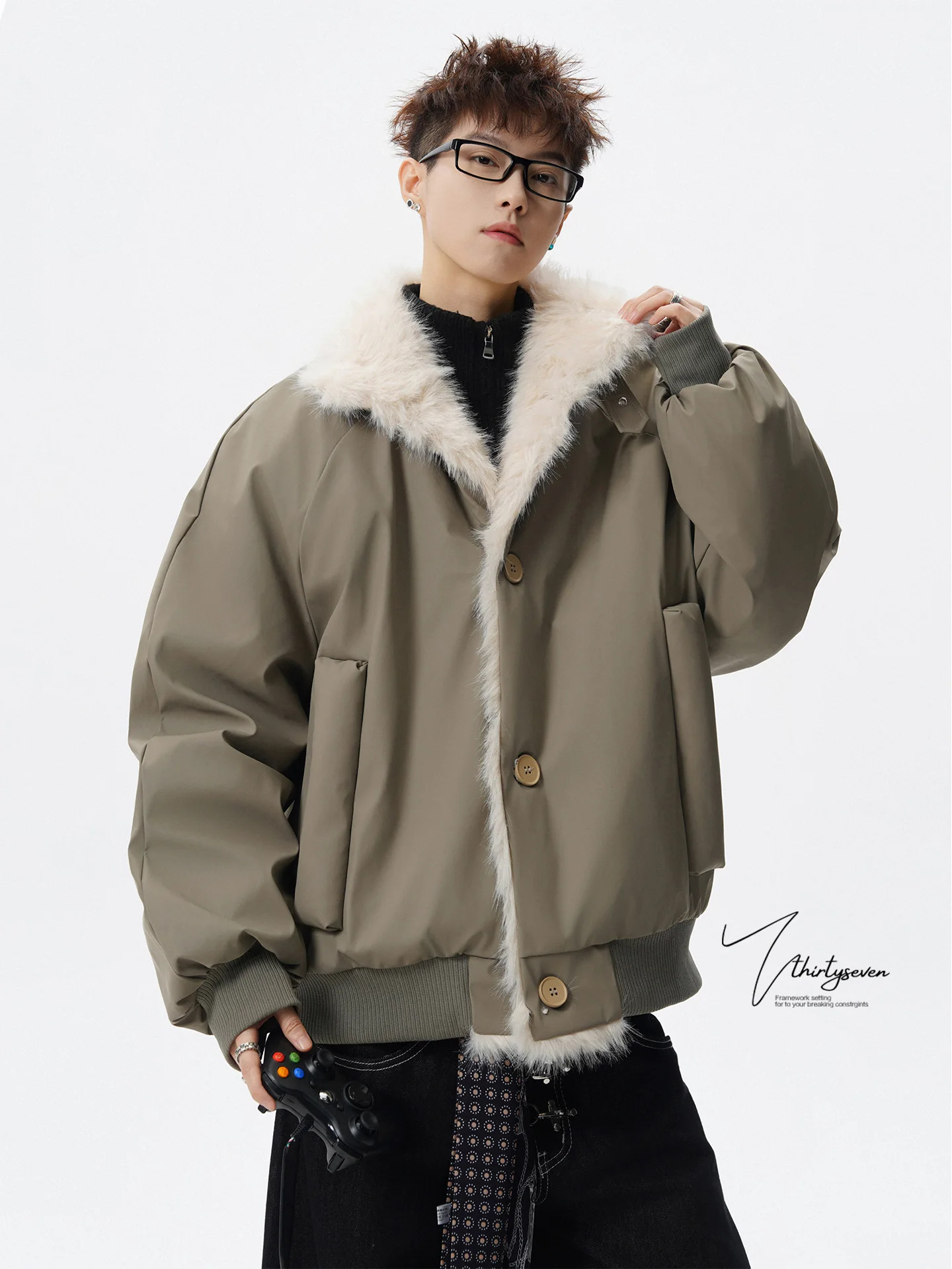 

V37 Heavyweight Retro ey Пара Sle Теплый хлопок Jaet Мужчины Зима American High Street Aosphere Хутряный воротник Кожаный хлопок...