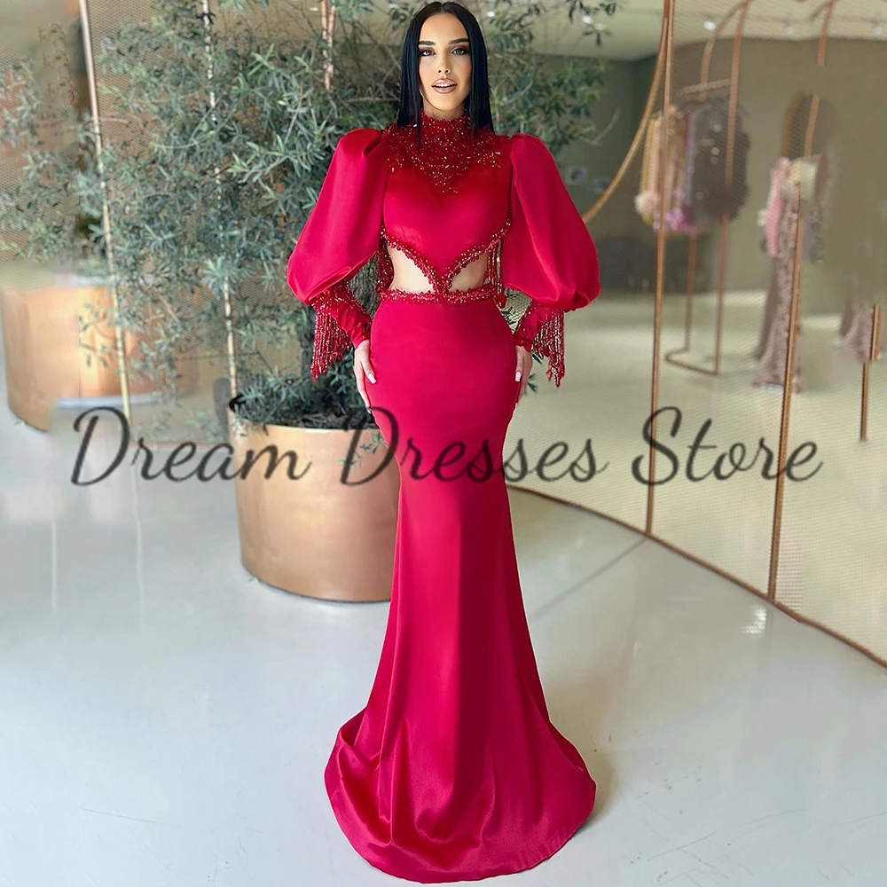 Charming Red Evening Dresses High Neck Lantern Sleeves Backless Exquisite Crystal Beading Mermaid Party Prom Gowns Customized image 4