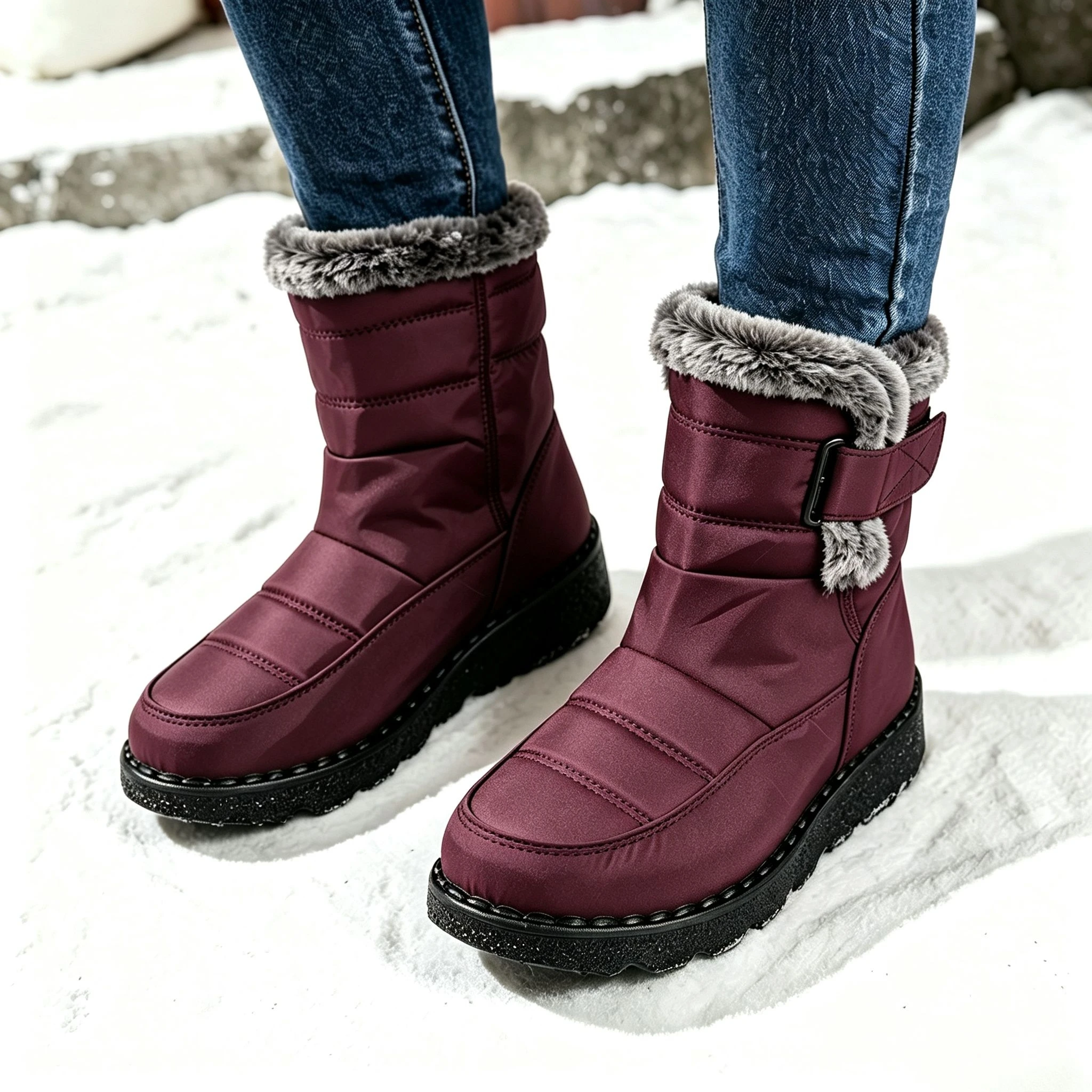 Damen Winter Pelzige Plateau-Schneestiefel 2026 Trend Wadenlange Winterstiefel Wasserdicht Rutschfest mit Schnalle Warm Flauschig Outdoor – Detail 8