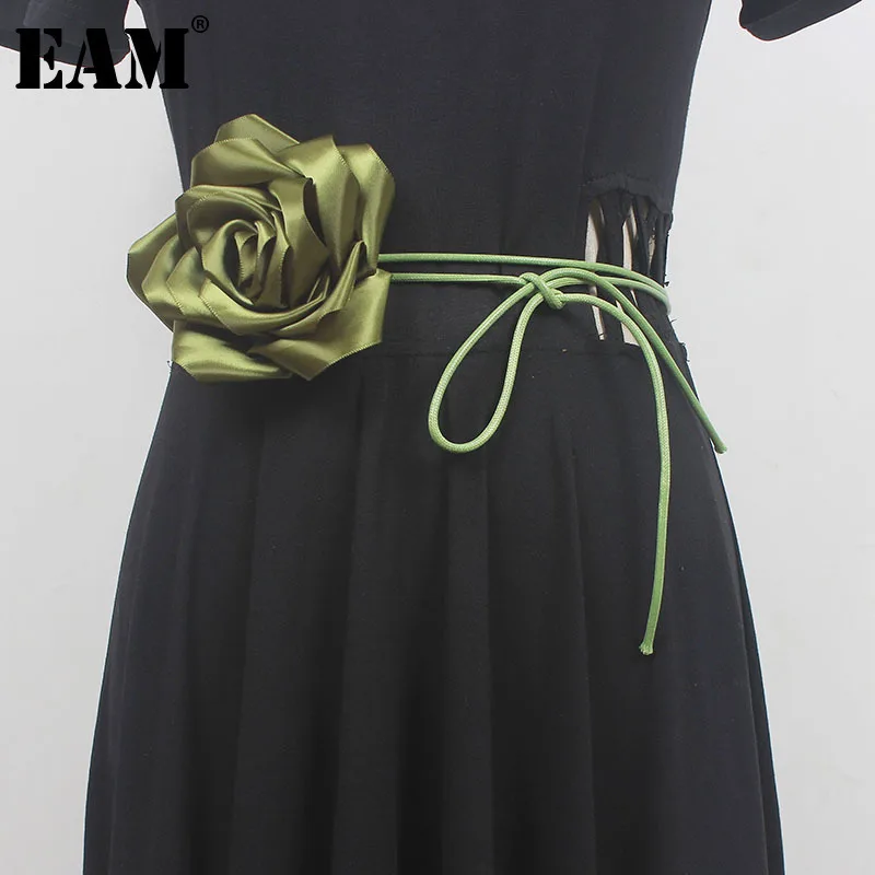 [EAM] Three-dimensional Flower Green Elegant Bandage Belt Personality Women New Fashion All-match Spring Autumn 2024 1DH5537