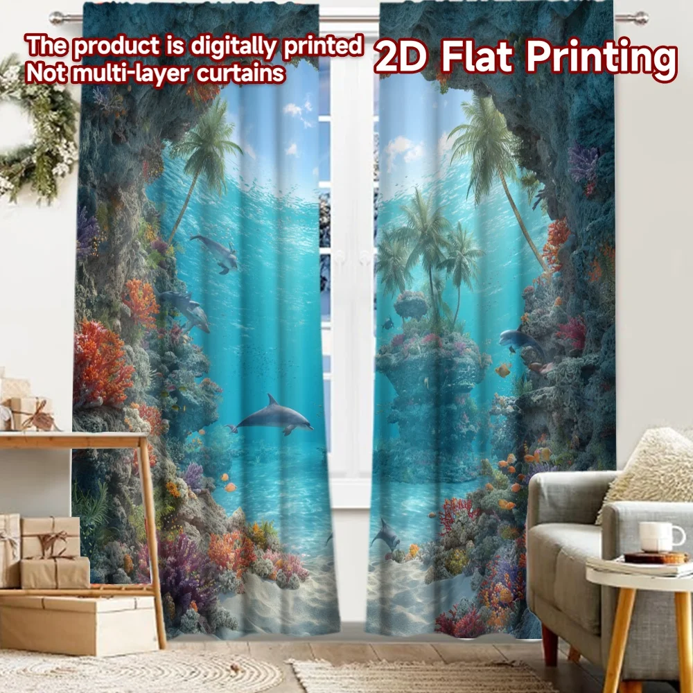 

2pcs, 2D FLAT PRINTING Curtains (Without Rod) Ocean Paradise Holiday curtains Fabric Curtains Decorations Suitable for Living