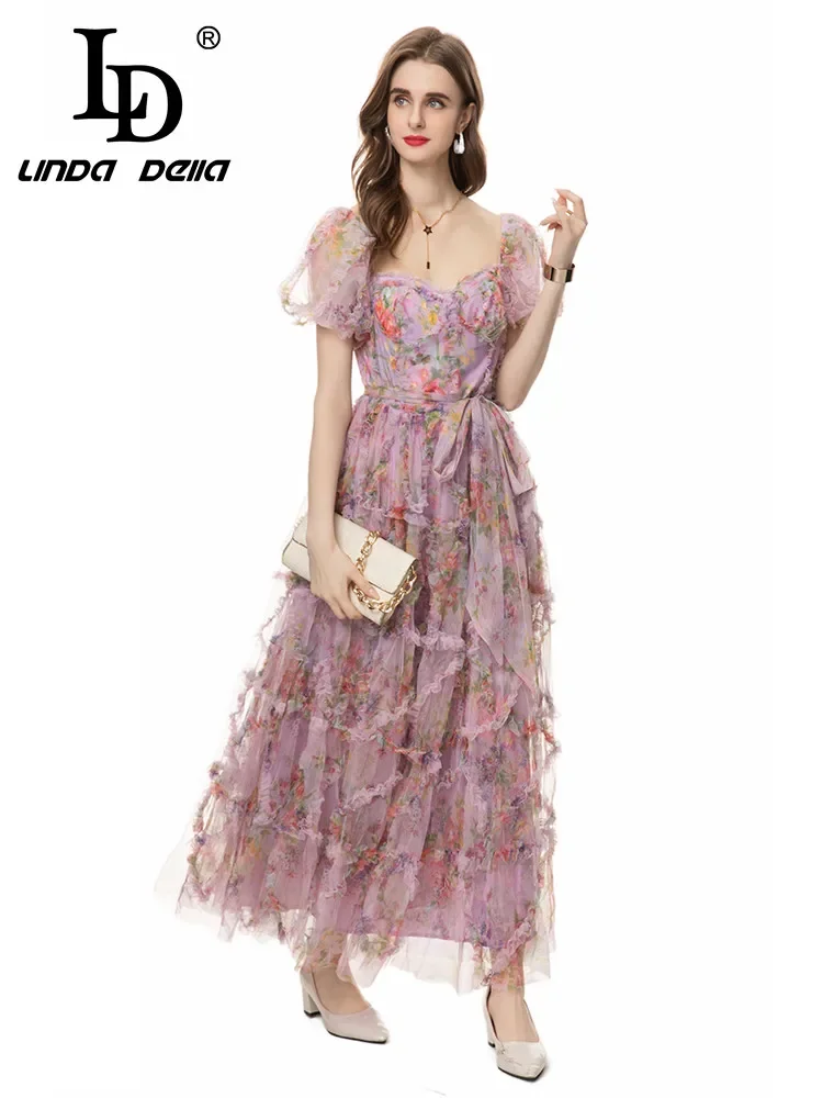 LD LINDA DELLA-Robe longue à volants, imprimé floral, dos nu, manches bouffantes