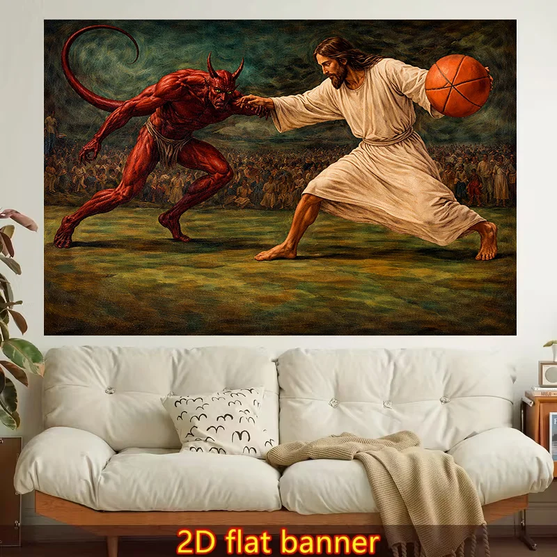 1pc Stylish 2D Flat Printed Wall Tapestry, Basketball, Religious Representation, Satan. Colorful Aesthetics, Bedroom Aesthetics, Suitable for Living Room
