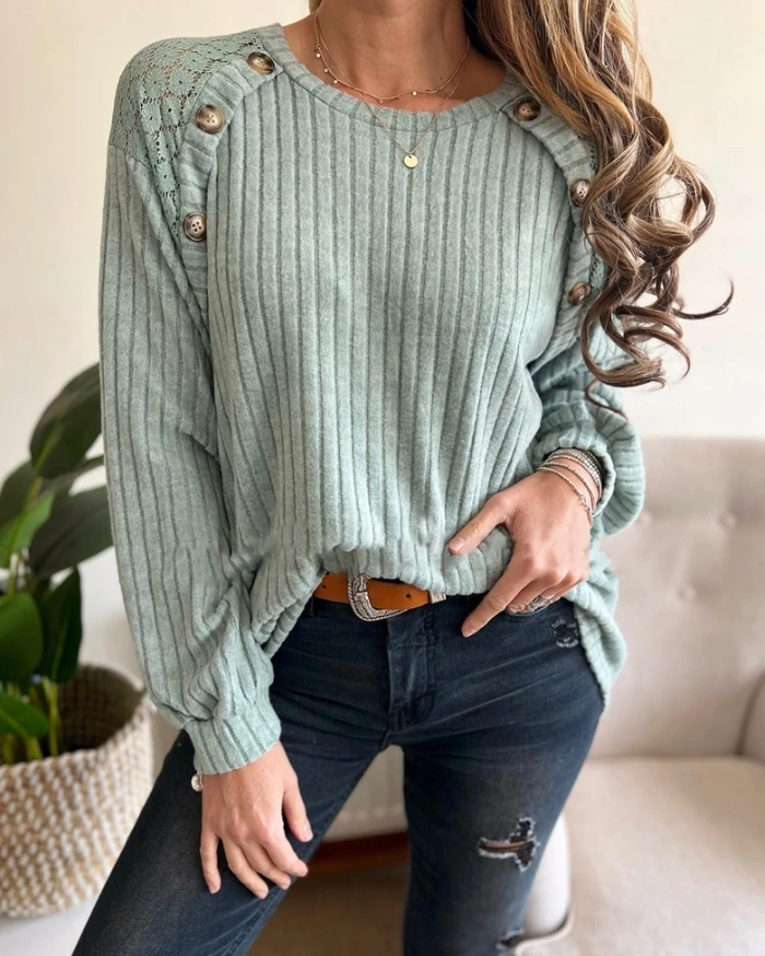 

Autumn Fashion Long Sleeved Top Long Sleeve Casual Crew Neck Dressy Sweatshirt Lace Patchwork Button Decor Pullover Top