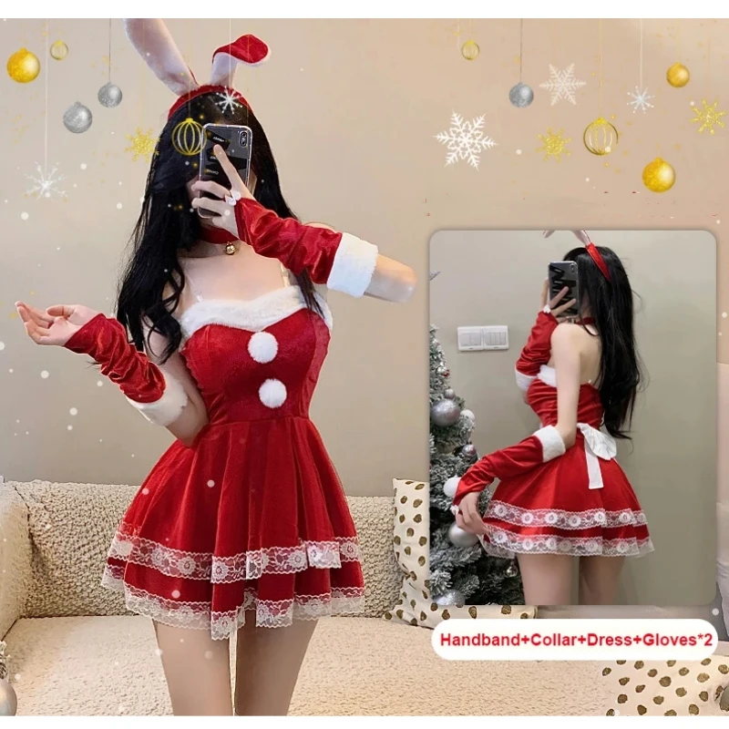 Bunny Girl Suit Role Play Anime Movie Female Pink Red Maid Outfit Sweet Sexy Solid Color Lace Velvet Dress Christmas Uniform Set