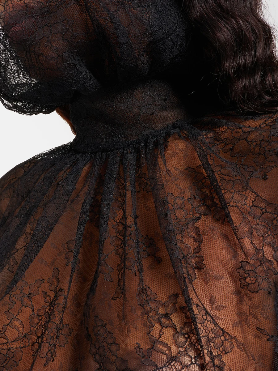 VGH Sexy Vintage solide dentelle minceur Blouses pour les femmes col montant à manches longues printemps tempérament chemises femme mode Style