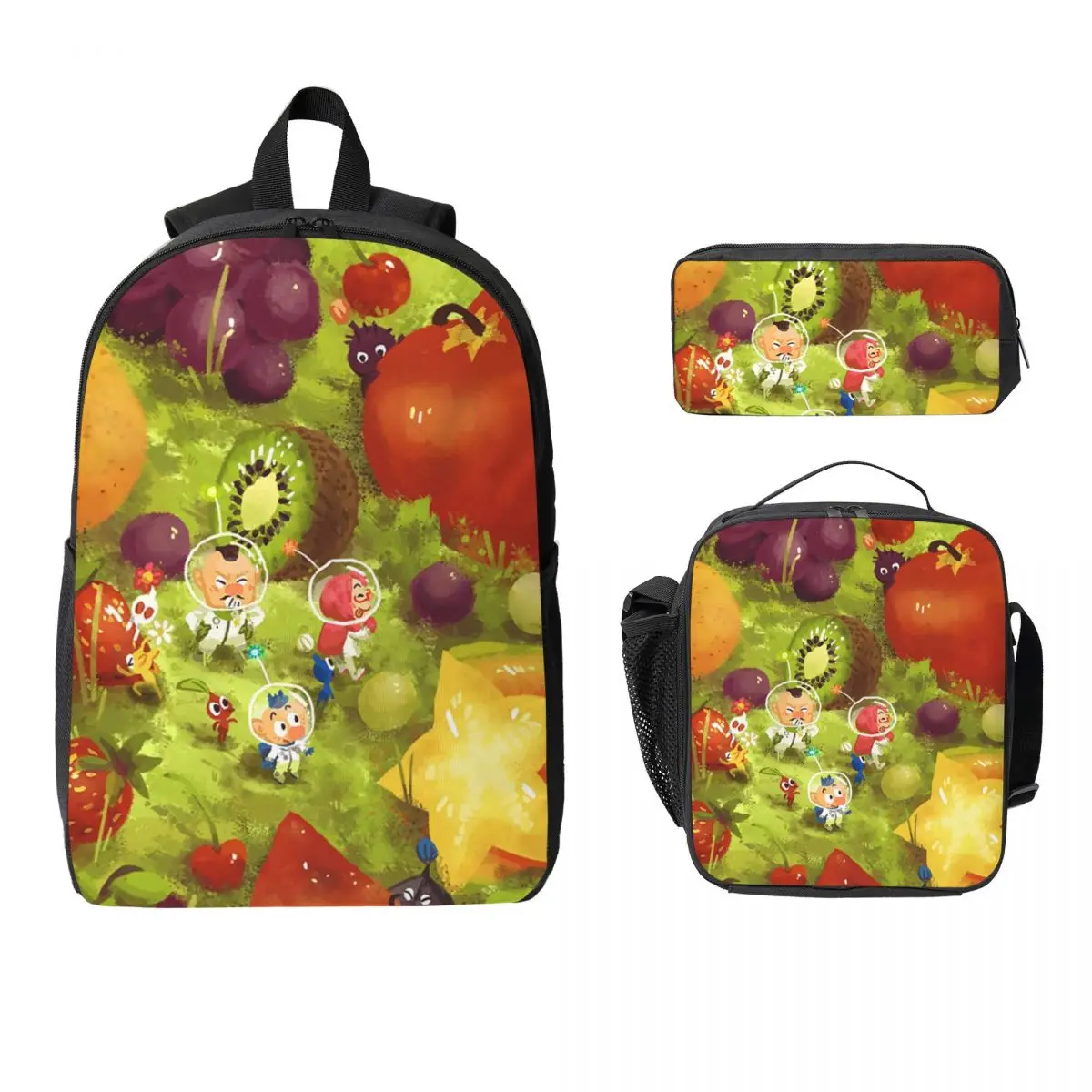 

Pikmin Characters Backpack Student Boys Girls BookBag School Bag Computer Shoulder Bags 3ps Insulated Lunch Bag Pencil Case