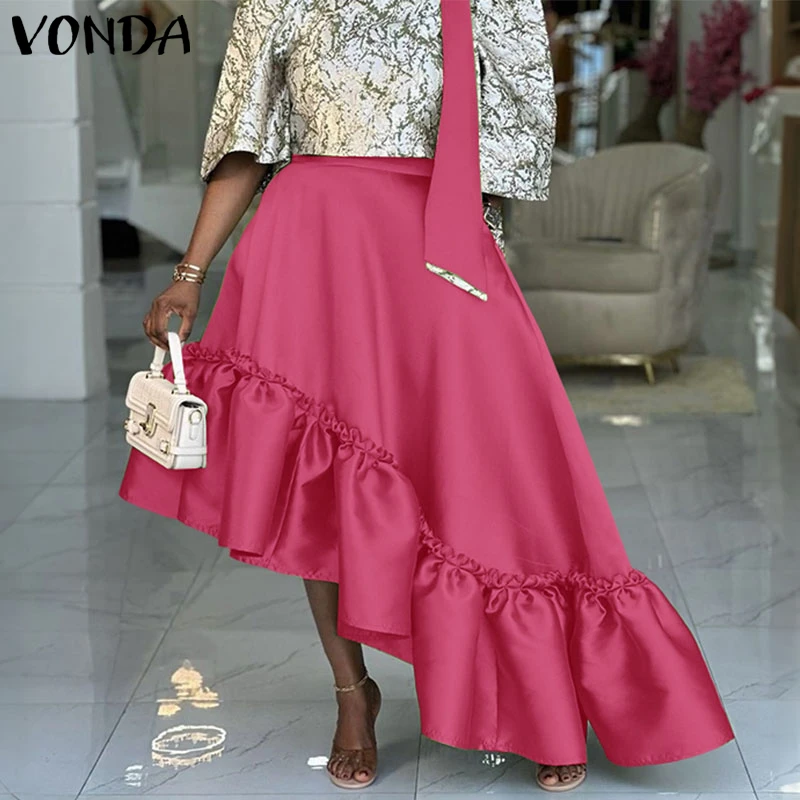 

Plus Size 5XL VONDA Women Elegant Asymmetrical Skirts Fashion High Waist Satin Long Bottom Summer Ruffled Maxi Jupes Faldas Saia