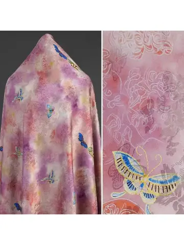 Butterfly Xiangyunsha Fabric Blush Pink Floral Jacquard Hualuo Silk Chinese Knot Dress Skirt Material for Designer Sewing Cloth