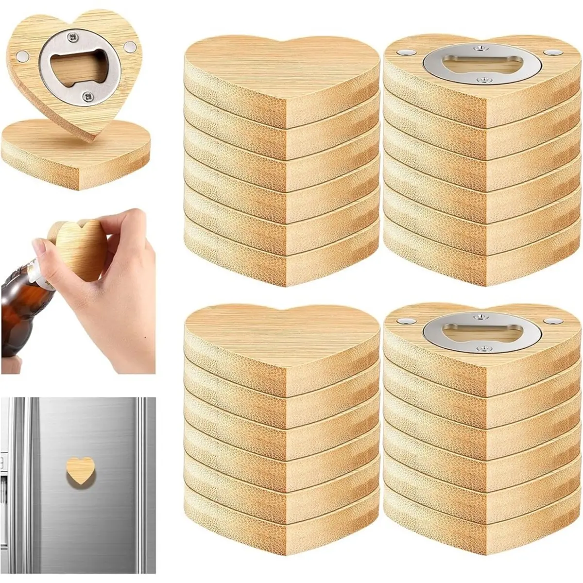 HITL 24 Pcs Magnetic Bottle Opener 2.5In DIY Bamboo Heart Shape Beer Openers Wooden Fridge Magnet Refrigerator Sticker Gift