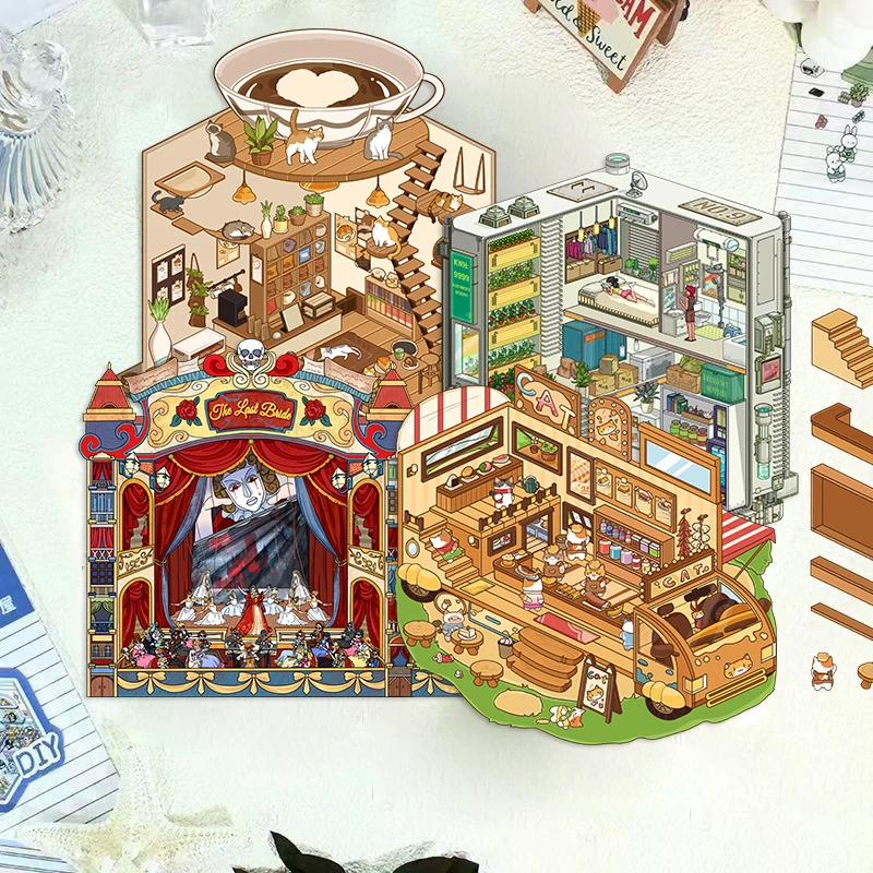 2Pcs Cat Bar, Latte Meow Island Scene 3D Landscaping Stickers DIY Stacking and Pasting Hand Account Cute Gift Animals