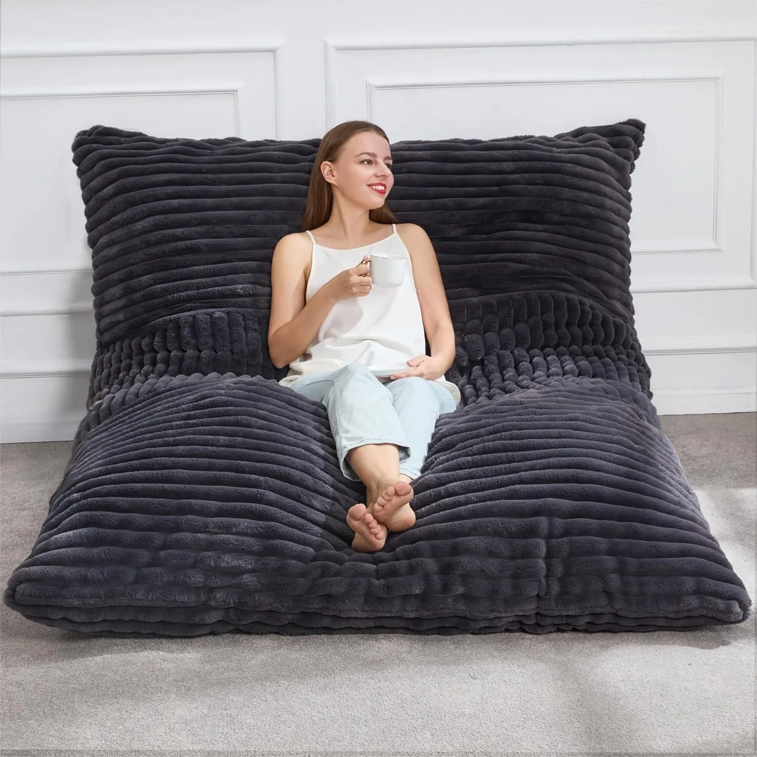 

3 in 1 Bean Bag Chair Giant Memory Foam Bean Bags Convertible Floor Cushion with Washable Cover for Adults Dark Grey