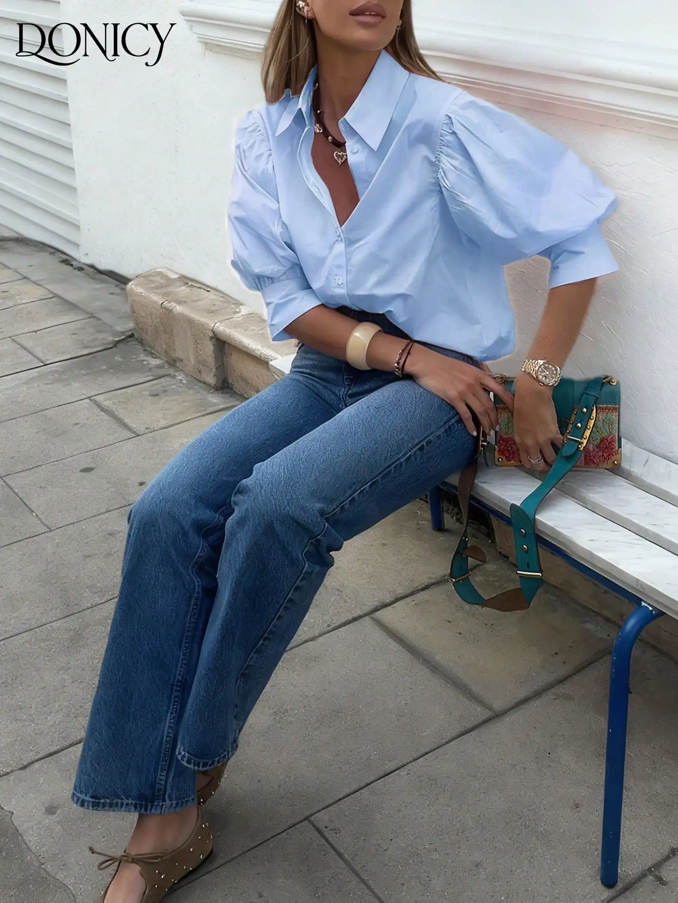 

Women's Solid Color Collared Mid-Sleeve Blouse With Puff Sleeves Loose Retro Casual Shirt
