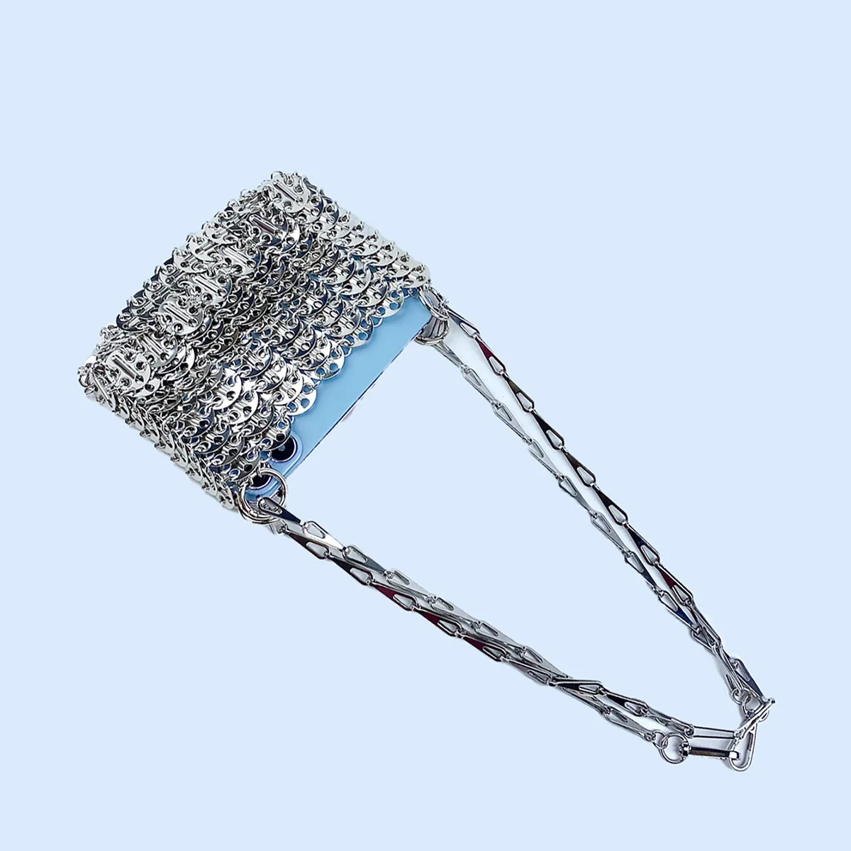 Silver Shiny Bag Handmade Woven Beaded Sequin Bag Mobile Phone Bag Long Shoulder Strap Single Shoulder Crossbody Bag for Women