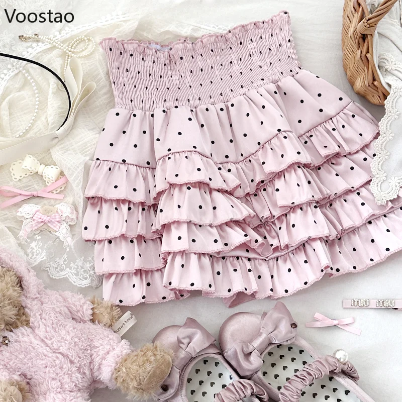 Kawaii Lolita Style Sweet 2 Piece Set Woman Cute Bow Lace Ruffles Polka Dot Vest Tops Mini Cake Skirts Suit Korean Y2k Outfits