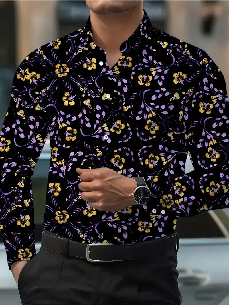 Men's French Curly GrassStriped Flip-over Beach Shirt Long Sleeve Hawaiian Holiday Costume Keyboard Pattern Summer Collection