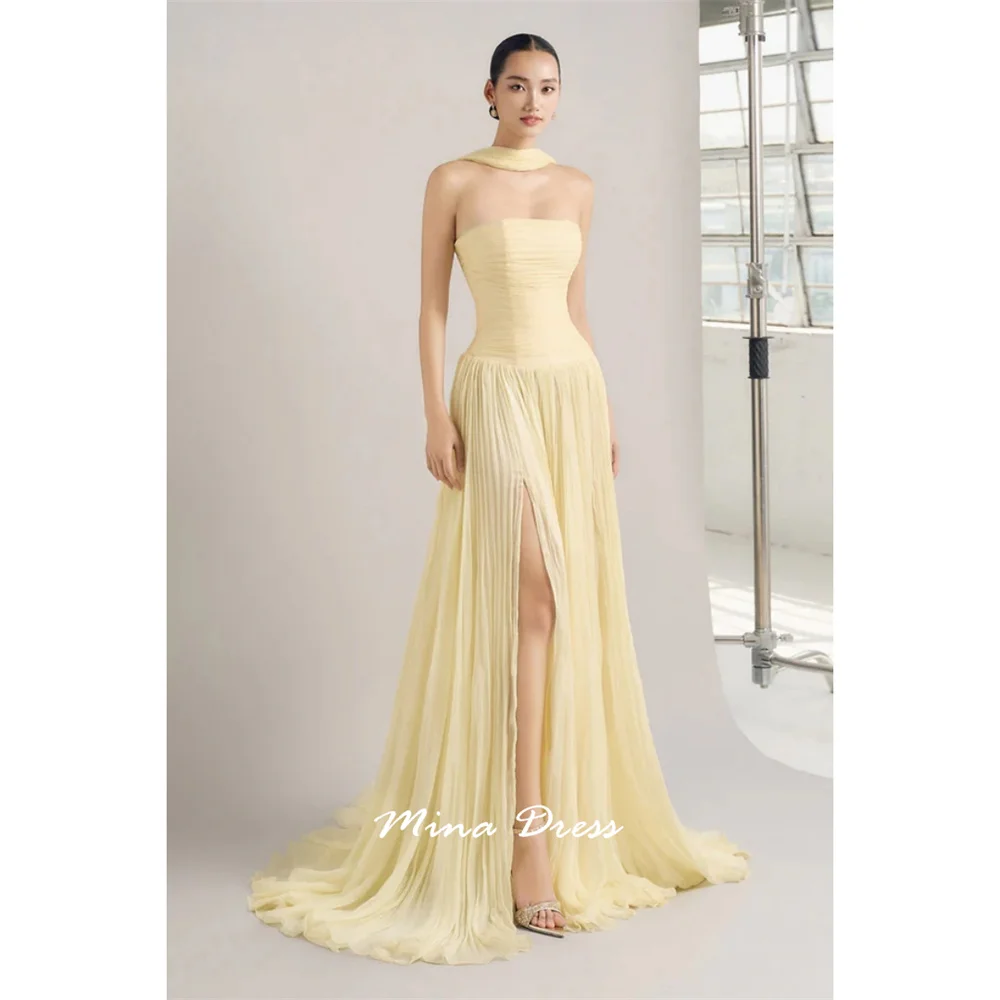 Mina Maßgeschneiderte Abendkleider mit Falten für Damen, elegante Partykleider 2025, Ferkelbrust, ärmellos, Schlitz, Abendkleid, Hochzeit, Gala