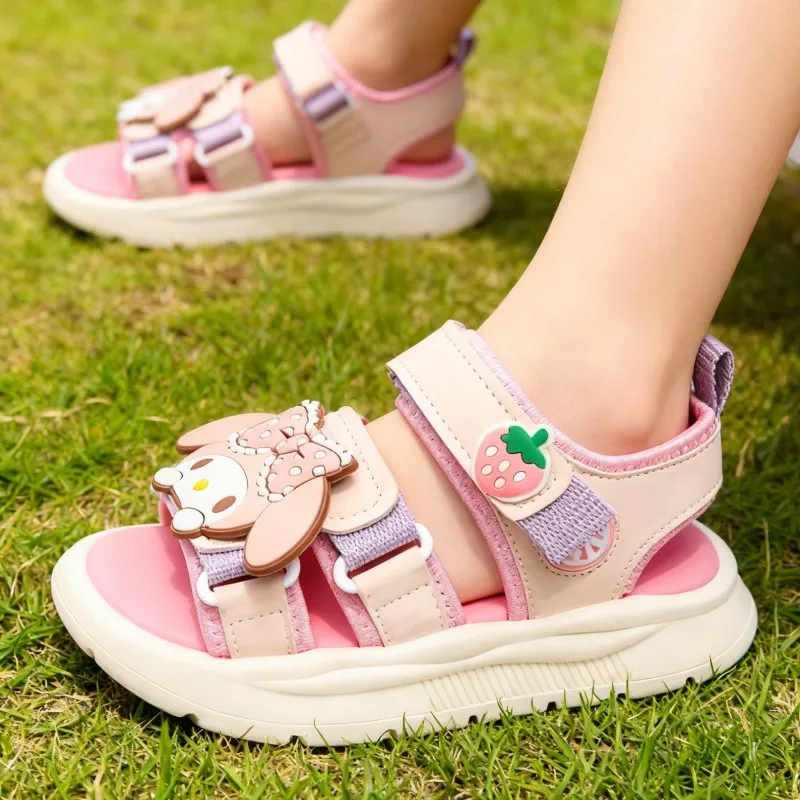 

Детские сандалии из искусственной кожи, летняя пляжная обувь My Melody для детей, дышащая мягкая подошва с открытым носком, розовая обувь цвета хаки, размер 26-37