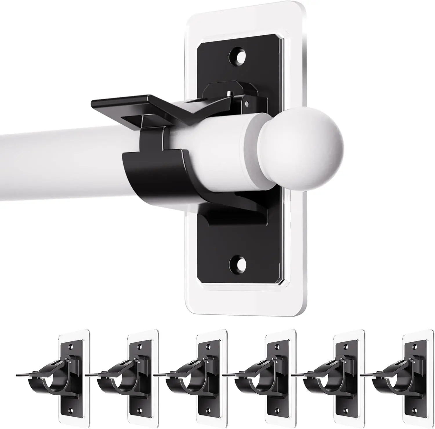 6Pcs Self Adhesive Curtain Rod Brackets No Drill Wall Mount Hooks Heavy Duty Nail Free Stick On Pole Holders Hold Up To 20lbs Drapery Hangers For Bathroom Bedroom Living Room Smooth Surface