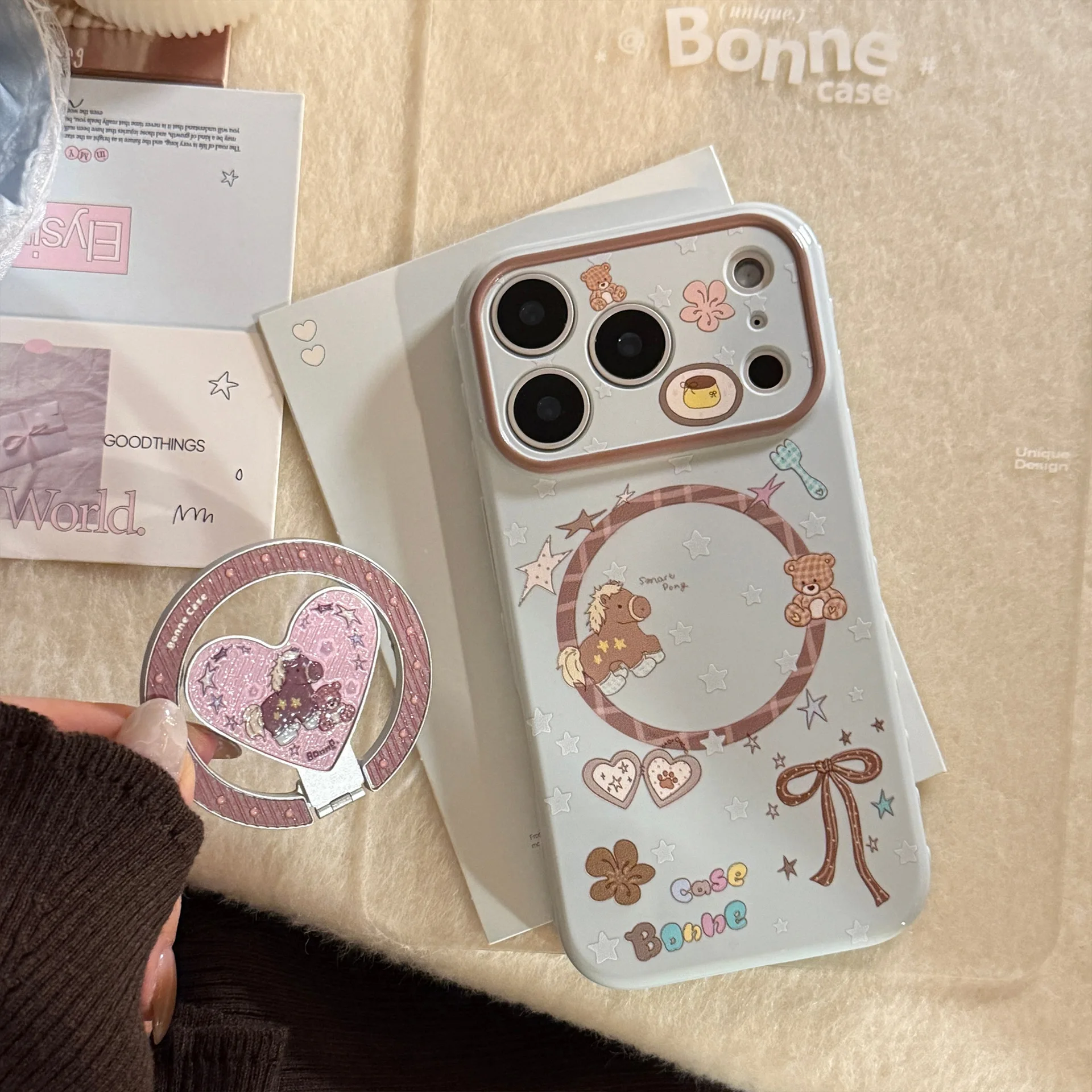 Koreanische Cartoon-Pony Faltbare Herz-Glitzer Magnetische Halterung Handyhülle für iPhone 17 16 15 14 13 Pro Max Stoßfeste Weiche Schutzhülle