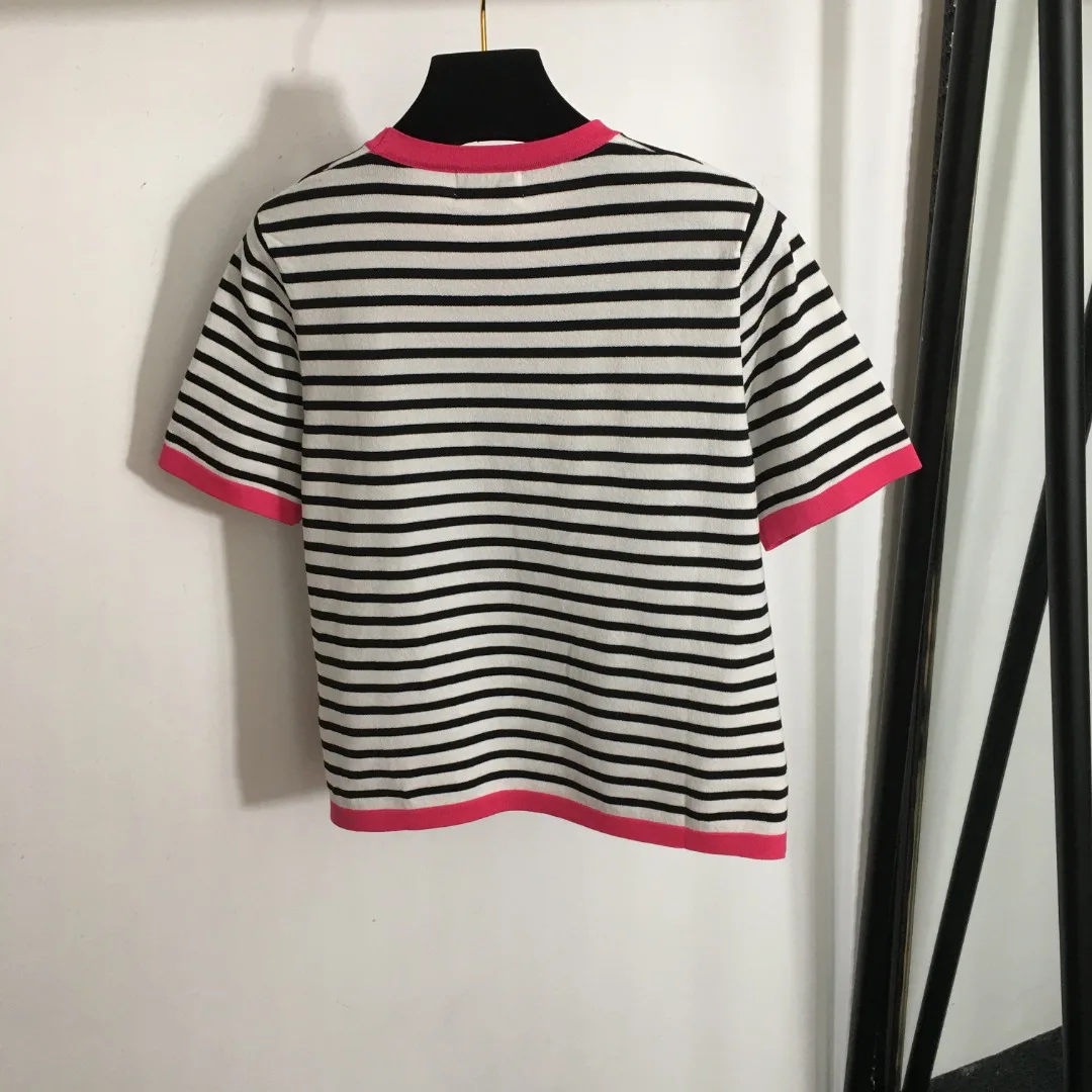 

Embroidered letter striped short sleeved knit T-shirt fashion Versatile Light luxury grace Soft and comfortable Girlish style