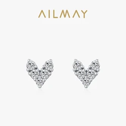 Ailmay Genuine 925 Sterling Silver Fashion Hearts Sparkling CZ Simple Stud Earrings For Women Girls Anti-allergy Fine Jewelry
