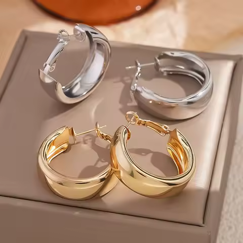 Stainless Steel Gold Color Hoop Earrings for Women Vintage Circle Round Minimalist Simple Earrings Party C-shape Jewelry Gifts
