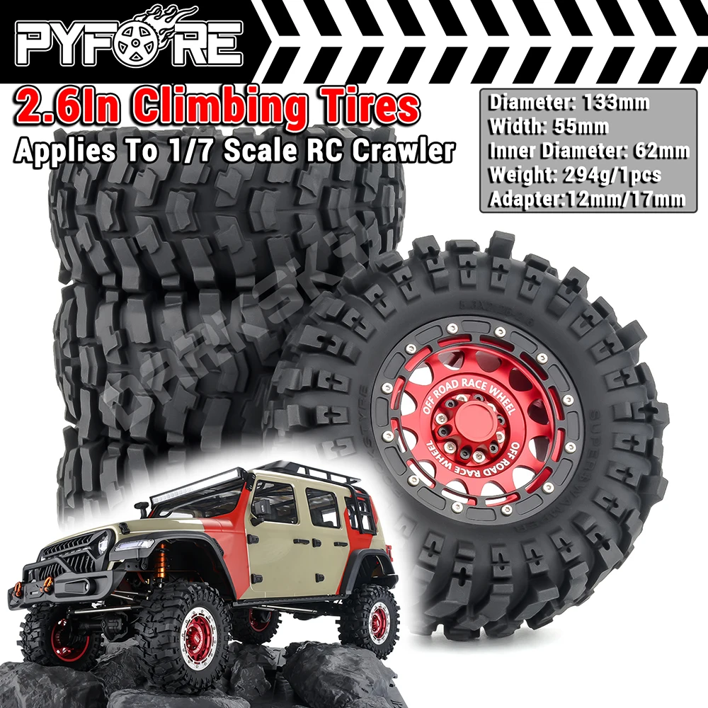 PYFORE 2.6‘’ Beadlock Climbing Tires Metal Wheel Rim Hub 133x55mm Adapter 17mm/12mm for 1/7 RC Car Crawler MK07 JK07 Accessories