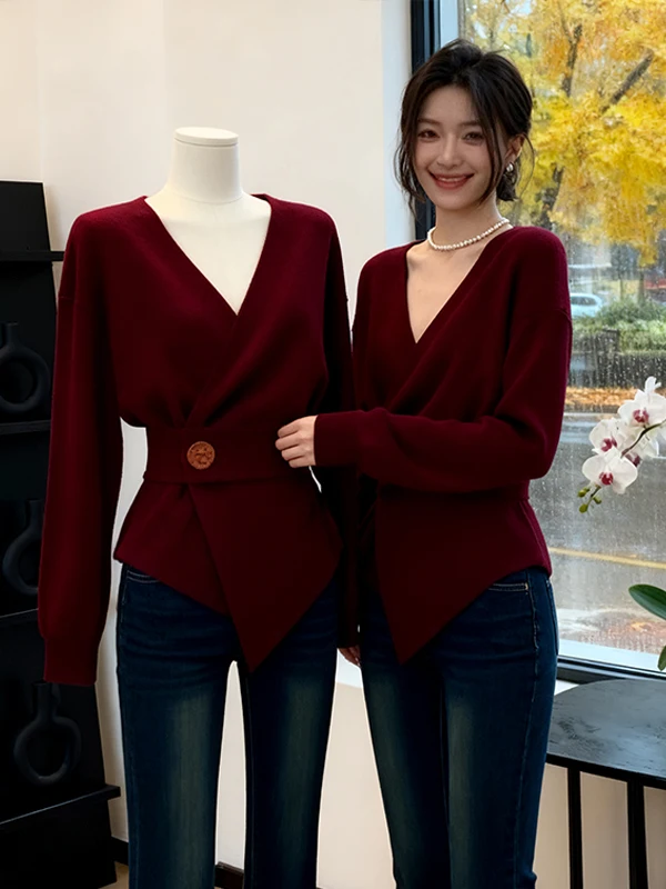 

Ele Wine Red V-Ne Knitwear Women's Faionable Autumn Winter New Sle High-End Lightweight Unique Beautiful Top Trendy