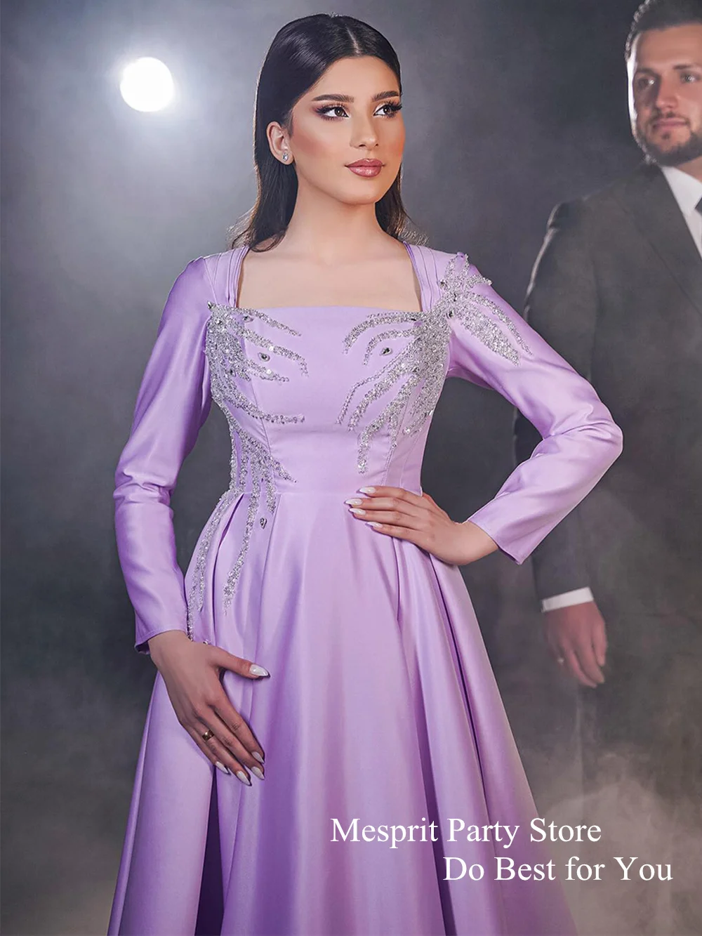 Fashion Evening Dress Long Sleeve Square Neck Beading Sequined Lilac Prom Gown Floor Length A Line Saudi Arabian Party Dresses