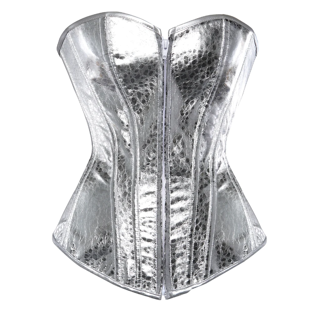Srebrne złote gorsety dla kobiet Steampunk gotycki gorset gorset z zamkiem błyskawicznym Plus rozmiar gorset w stylu Vintage Top bielizna burleskowa