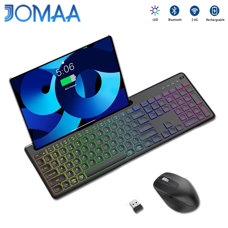JOMAA Dual Mode Rechargeable Wireless Keyboard And Mouse Set Bluetooth 2.4G Silent Click LED Backlit K