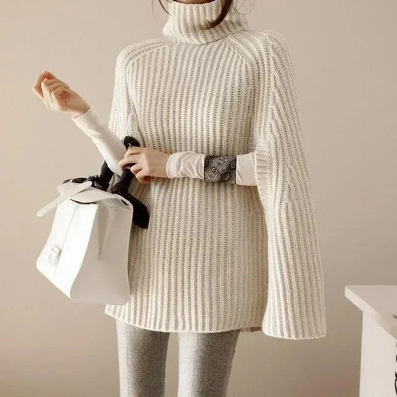 Batwing Knitted Tops Loose Oversize Sweater Autumn Winter Fashion Women Cloak Poncho Female Sexy Turtleneck Sweaters Khaki