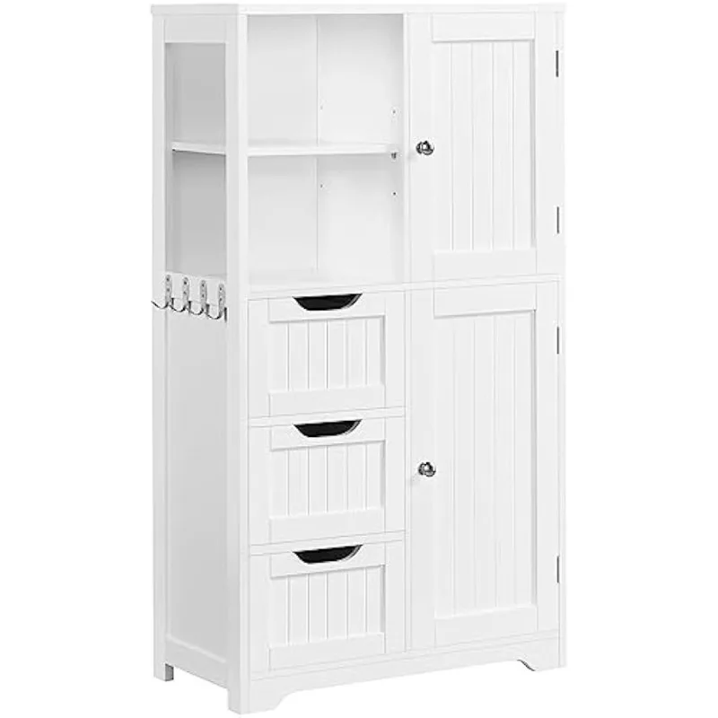 Bathroom Floor Cabinet 42″, Freestanding Storage Cabinet with 3 Drawers, 2 Open Shelves and 2 Doors, Wooden Storage Organizer