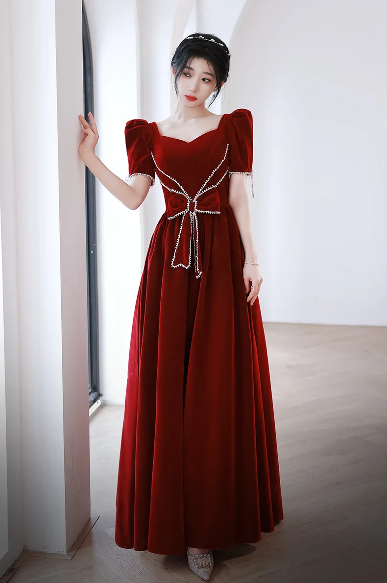 Elegante colletto quadrato con perline fiocco sul retro fasciatura sposa abiti in velluto bordeaux banchetto per feste abiti da spettacolo teatrale femminile Cheongsam